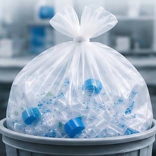 Bag and bin containing discarded single-use laboratory plastics